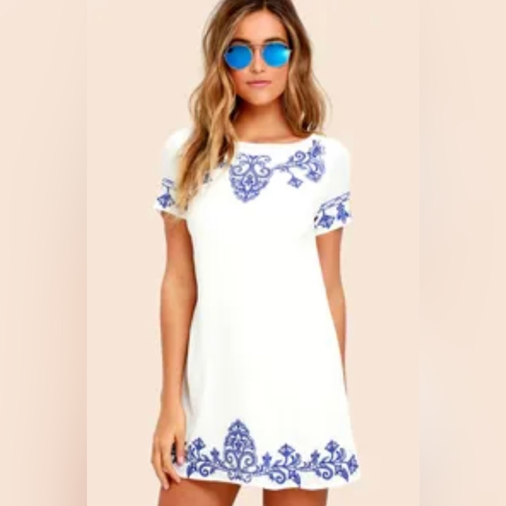 Lulu’s Tale to Tell Blue and Ivory Embroidered Shift Dress.  New with Tags